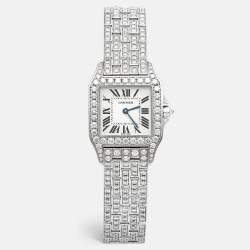 Cartier Silver 18k White Gold Diamond Santos Demoiselle WF9010YA Women's Wristwatch 26 mm