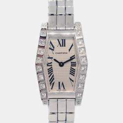 Cartier Silver 18k White Gold Diamond Laniere Tonneau Quartz Women's Wristwatch 18 mm