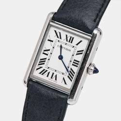 Pre Owned Cartier Silver Stainless Steel Calf Leather Tank Must WSTA0041 Women's Wristwatch 25.50 mm