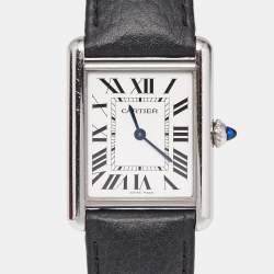 Pre Owned Cartier Silver Stainless Steel Calf Leather Tank Must WSTA0041 Women's Wristwatch 25.50 mm