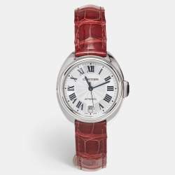 Cartier Silver Stainless Steel Alligator Leather Cle De Cartier WSCL0017 Women's Wristwatch 35 mm