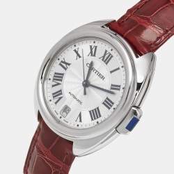 Cartier Silver Stainless Steel Alligator Leather Cle De Cartier WSCL0017 Women's Wristwatch 35 mm