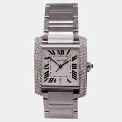 Cartier White Customised 1.40ct Diamond Stainless Steel Tank Francaise Automatic Women's Wristwatch 28 mm