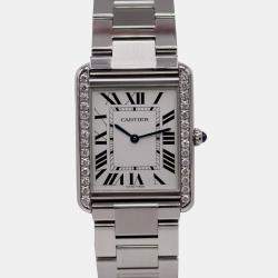 Cartier White Customised 0.75ct Diamond Stainless Steel Tank Solo Quartz Women's Wristwatch 27 mm