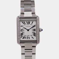 Cartier White Customised 0.50ct Diamond Stainless Steel Tank Solo Quartz Women's Wristwatch 24 mm