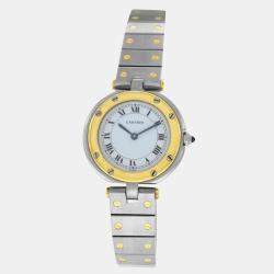 Cartier White 18k Yellow Gold Stainless Steel Santos Ronde 8191 Quartz Women's Wristwatch 27 mm
