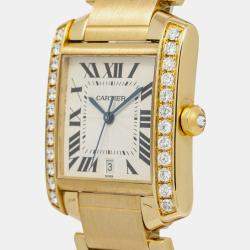 Cartier Tank Francaise W50001R2 Quartz White 18k Yellow Gold Women's Wristwatch 28 mm