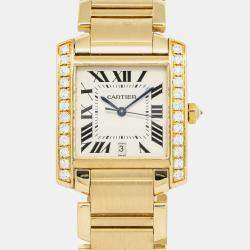 Cartier Tank Francaise W50001R2 Quartz White 18k Yellow Gold Women's Wristwatch 28 mm