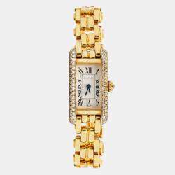 Cartier Tank Allongee W15007K3 Automatic White 18k Yellow Gold Diamond Women's Wristwatch 14x28mm