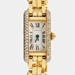 Cartier Tank Allongee W15007K3 Automatic White 18k Yellow Gold Diamond Women's Wristwatch 14x28mm