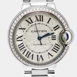 Pre Owned Cartier Ballon Bleu W4BB0016 Silver Dial Diamond Stainless Steel Women's Wristwatch 33 mm