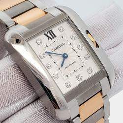 Pre Owned Cartier Tank Anglaise 3511 Automatic Silver Diamond 18k Rose Gold Stainless Steel Women's Wristwatch 30 mm