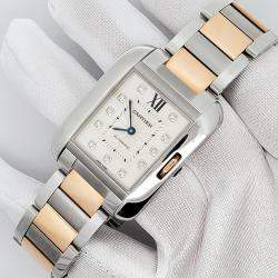 Pre Owned Cartier Tank Anglaise 3511 Automatic Silver Diamond 18k Rose Gold Stainless Steel Women's Wristwatch 30 mm