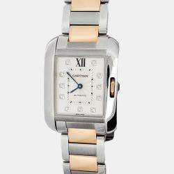 Pre Owned Cartier Tank Anglaise 3511 Automatic Silver Diamond 18k Rose Gold Stainless Steel Women's Wristwatch 30 mm