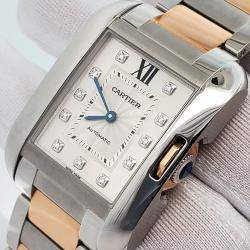Pre Owned Cartier Tank Anglaise 3511 Automatic Silver Diamond 18k Rose Gold Stainless Steel Women's Wristwatch 30 mm