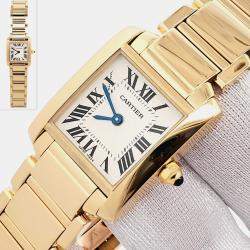 Pre Owned Cartier Tank Francaise W50002N2 Quartz White Roman Dial 18k Yellow Gold Women's Wristwatch 20 mm