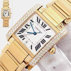 Pre Owned Cartier Tank Francaise WE101051 Automatic Factory Diamond Dial 18k Yellow Gold Women's Wristwatch 28 mm
