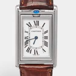 مملوكة مسبقًا Cartier Tank Basculante W1014458 Silver Dial Stainless Steel Alligator Leather Women's Wristwatch 25.40 mm