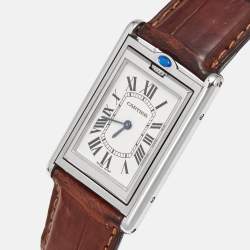 مملوكة مسبقًا Cartier Tank Basculante W1014458 Silver Dial Stainless Steel Alligator Leather Women's Wristwatch 25.40 mm