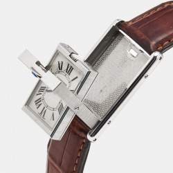 مملوكة مسبقًا Cartier Tank Basculante W1014458 Silver Dial Stainless Steel Alligator Leather Women's Wristwatch 25.40 mm
