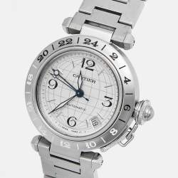 Pre Owned Cartier Pasha De Cartier GMT 2377 Silver Dial Stainless Steel Women's Wristwatch 35 mm