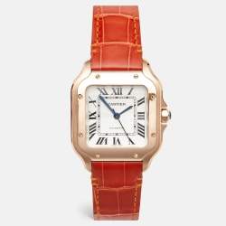 Pre Owned Cartier Santos De Cartier WGSA0012 Silver Opaline Dial 18K Rose Gold Women's Wristwatch 35.1 mm