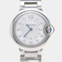 Pre Owned ساعة يد نسائية كارتييه بالون بلو WE902073 كوارتز بيضاء ستانلس ستيل مرصعة بالألماس 28 مم