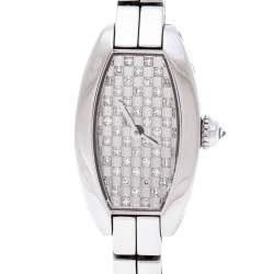 Pre Owned Cartier Diamond Pave 18K White Gold Laniere Tonneau 2545 Women's Wristwatch 16 mm