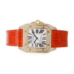مملوكة مسبقًا Cartier White Diamonds 18K Yellow Gold Santos 100 Medium WM502051 Women's Wristwatch 44 x 33 MM
