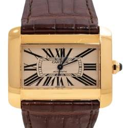 Pre Owned Cartier Cream 18K Yellow Gold Alligator Leather Tank Divan W6300856 Women's Wristwatch 38 mm