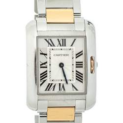Pre Owned Cartier Silver 18K Yellow Gold & Stainless Steel Tank Anglaise 3704 Women's Wristwatch 26 mm