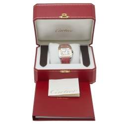 Pre Owned Cartier Cream 18K Rose Gold & Stainless Steel Leather Santos 100 2878 Automatic Women's Wristwatch 33 mm