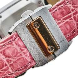 Pre Owned Cartier Cream 18K Rose Gold & Stainless Steel Leather Santos 100 2878 Automatic Women's Wristwatch 33 mm