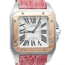 Pre Owned Cartier Cream 18K Rose Gold & Stainless Steel Leather Santos 100 2878 Automatic Women's Wristwatch 33 mm