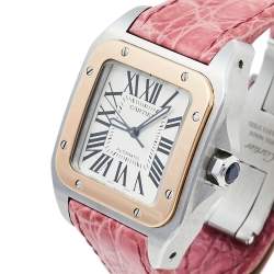 Pre Owned Cartier Cream 18K Rose Gold & Stainless Steel Leather Santos 100 2878 Automatic Women's Wristwatch 33 mm