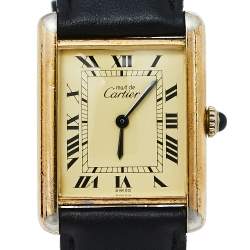 Cartier Vintage Cream Gold Plated Silver Leather Must de Cartier Tank Women's Wristwatch 23 mm