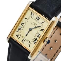 Cartier Vintage Cream Gold Plated Silver Leather Must de Cartier Tank Women's Wristwatch 23 mm