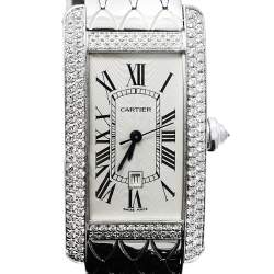 مملوكة مسبقًا ساعة يد نسائية كارتييه تانك امريكان 2490 ذهب أبيض عيار 18 و ألماس فضية 22.50 مم