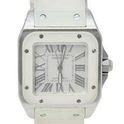 Pre Owned Cartier White Rubber Stainless Steel 2878 Santos 100 Automatic Women's Wristwatch 33 MM