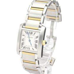 Pre Owned Cartier White 18K Yellow Gold And Stainless Steel Tank Francaise W51006Q4 Women's Wristwatch 26 MM