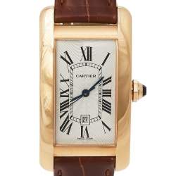 Pre Owned Cartier Silver 18K Rose Gold Leather Tank Americaine W2620030 Women's Wristwatch 22.6 mm