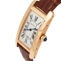 Pre Owned Cartier Silver 18K Rose Gold Leather Tank Americaine W2620030 Women's Wristwatch 22.6 mm