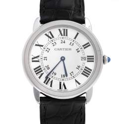 Pre Owned Cartier Silver Stainless Steel Leather Ronde Solo 2934 Women's Wristwatch 36 mm