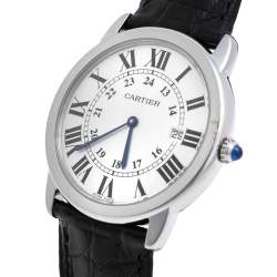 Pre Owned Cartier Silver Stainless Steel Leather Ronde Solo 2934 Women's Wristwatch 36 mm