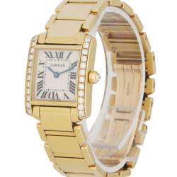 Cartier Silver Diamonds 18k Yellow Gold Tank Francaise 2385 Women's Wristwatch 20 MM