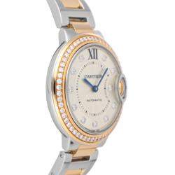 Cartier Silver Diamonds 18K Rose Gold And Stainless Steel Ballon Bleu WE902077 Women's Wristwatch 33 MM
