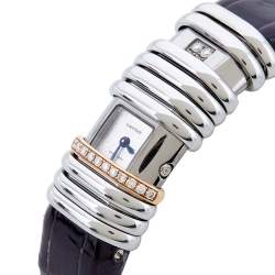 Pre Owned Cartier Silver Two-Tone 18K Gold Diamond Leather Declaration 2611 Women's Wristwatch 16 mm