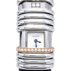 Pre Owned Cartier Silver Two-Tone 18K Gold Diamond Leather Declaration 2611 Women's Wristwatch 16 mm