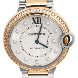 Pre Owned Cartier Silver 18k Rose Gold Stainless Steel Diamond Ballon Bleu WE902078 Women's Wristwatch 36 mm