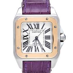 Pre Owned Cartier Silver 18k Rose Gold Stainless Steel Alligator Santos 100 2878 Women's Wristwatch 33 mm
